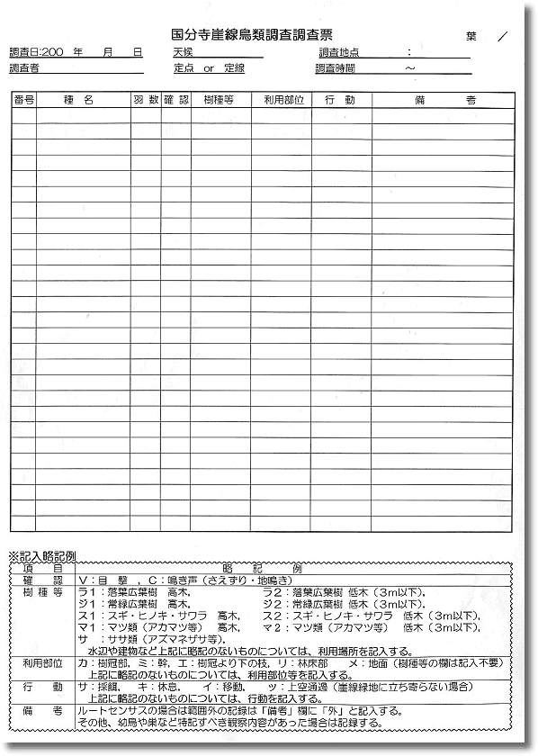 野鳥調査 調査票の画像
